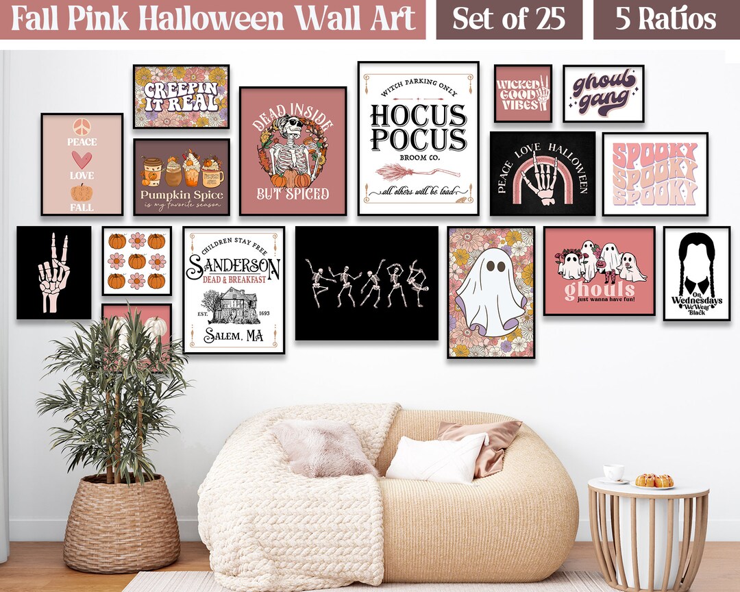 Cute Fall Pink Halloween Wall Art Printable Gallery Set, Cute Ghosts ...