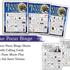 May include: A set of Hocus Pocus Bingo game sheets. The bingo cards feature illustrations and phrases from the movie. The title "Hocus Pocus Bingo" is displayed in a stylized font. The image also includes text that says "10 Hocus Pocus Bingo Sheets".