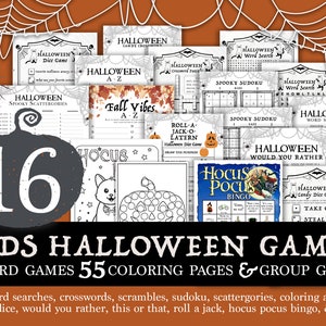 May include: A collection of Halloween-themed games for kids, featuring 16 different activities. The image includes word games, coloring pages, and group games. The design incorporates a spider web and spiders, with the text "KIDS HALLOWEEN GAMES".