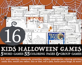 Kinder druckbare Halloween-Spiele Bundle druckbare Halloween-Party-Spiele für Kinder, Halloween Bingo, Halloween-Spiele, Halloween-Malseiten,