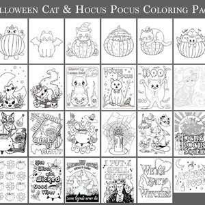 May include: A collection of black and white Halloween-themed coloring pages. The pages feature cats in various costumes and settings, along with text like "Hocus Pocus" and "Nice Witch with Wicked Good Viber". The pages are designed for coloring.
