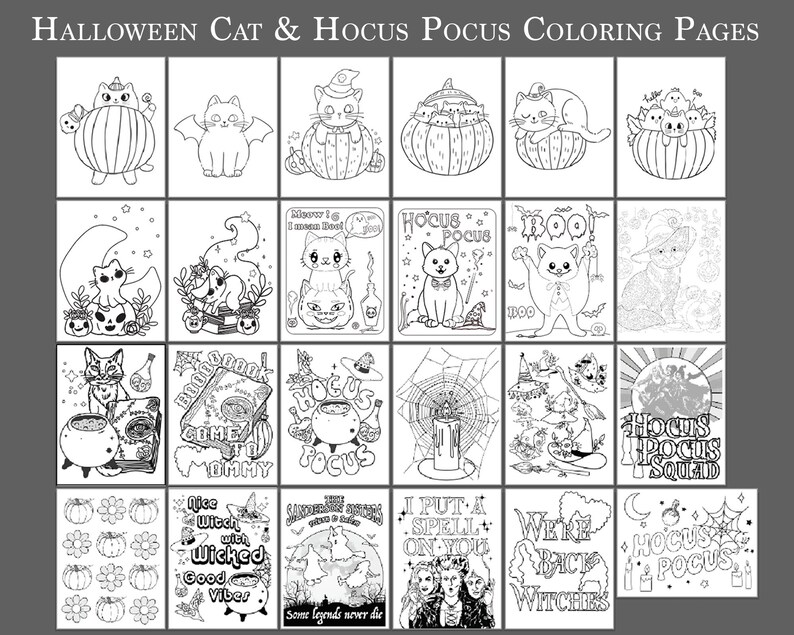May include: A collection of black and white Halloween-themed coloring pages. The pages feature cats in various costumes and settings, along with text like "Hocus Pocus" and "Nice Witch with Wicked Good Viber". The pages are designed for coloring.
