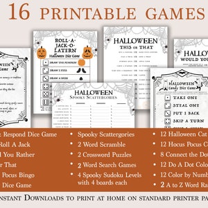 May include: A collection of 16 printable Halloween games, including dice games, bingo, coloring pages, and word puzzles. The games feature spooky themes with pumpkins, bats, and spiderwebs. The text on the image reads "16 Printable Games".
