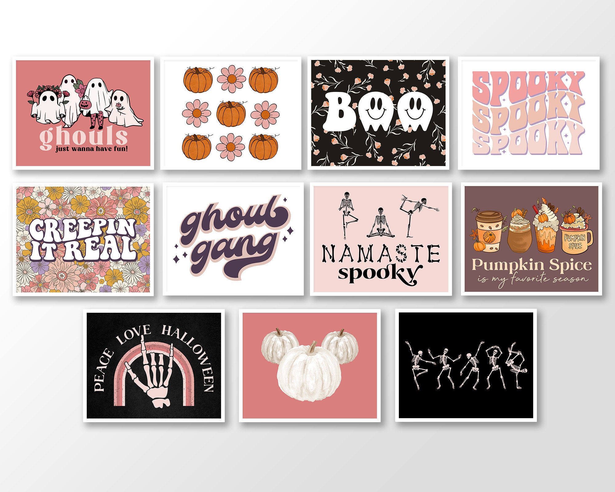 Cute Fall Pink Halloween Wall Art Printable Gallery Set, Cute Ghosts ...