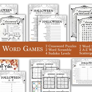 May include: A collection of Halloween-themed word games, including crossword puzzles, word scrambles, word searches, A-Z word races, and scattergories. The games feature spooky designs with spiderwebs and bats.