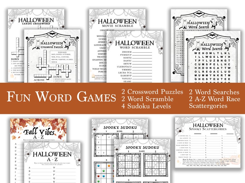 May include: A collection of Halloween-themed word games, including crossword puzzles, word scrambles, word searches, A-Z word races, and scattergories. The games feature spooky designs with spiderwebs and bats.