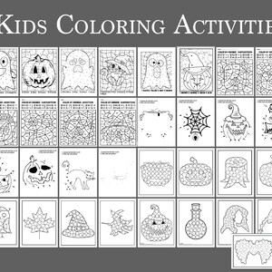 May include: A collection of Halloween-themed coloring pages for kids. The pages feature various designs, including ghosts, pumpkins, witches, and spiders. Each page includes the text "Kids Coloring Activities" and instructions for coloring.