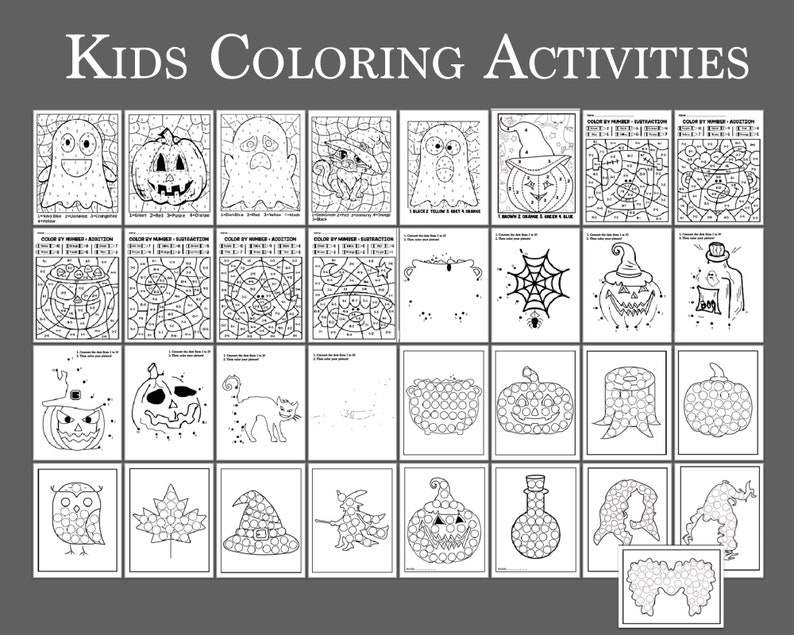 May include: A collection of Halloween-themed coloring pages for kids. The pages feature various designs, including ghosts, pumpkins, witches, and spiders. Each page includes the text "Kids Coloring Activities" and instructions for coloring.