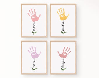 Moederdag handafdruk bloemenkunst, Moederdag cadeaus DIY handafdruk kunst ambachten, gepersonaliseerde cadeaus voor Moederdag afdrukbare kinderhandafdrukken
