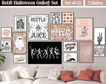 Retro Vintage Halloween Wall Art Printable Gallery Wall Set of 22, Cute Halloween Decor Boho Wall Art Retro Halloween Printable Wall Art Set