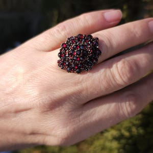 Rare Antique Bohemian Cluster Ring Rose Cut Pyrop Garnets Victorian Silver Czech Garnet Circa 1850–1880 Hand cut pyrope wedding gift for her