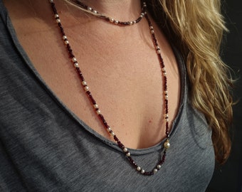 Antique Bohemian garnet long strand Hand cut Bead Necklaces with perls, faceted stones rose cut stones with gold 750 clasp. 19th century