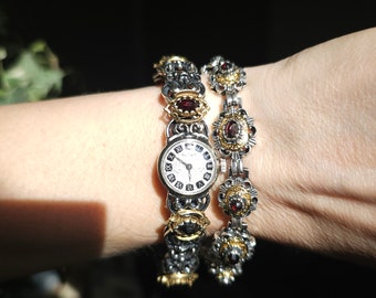 Silver Swiss watch with garnet Stones for ladies vintage .Mechanical watches 41 gramm. Wrist watch . Free shipping