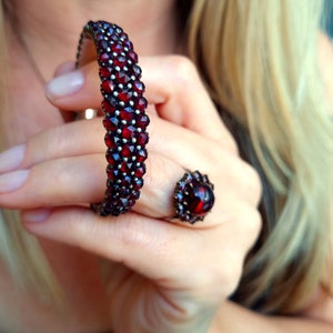 Antique Bohemian garnet silver bracelet for kids  from 1850-1900 rose cut natural garnet Stones Pyrope Bangle Czech jewelry Gift for wedding