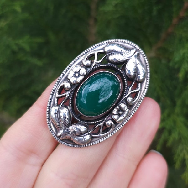 Antique Theodor Fahrner silver 800 Art Nouveau brooch with chrysoprase Jugendstil. free shipping