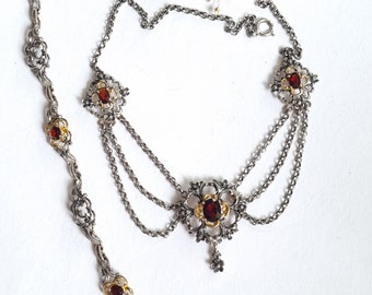 Antique Art Nouveau Necklace with Garnet silver 800 chain  Austro-Hungarian Jewelry.