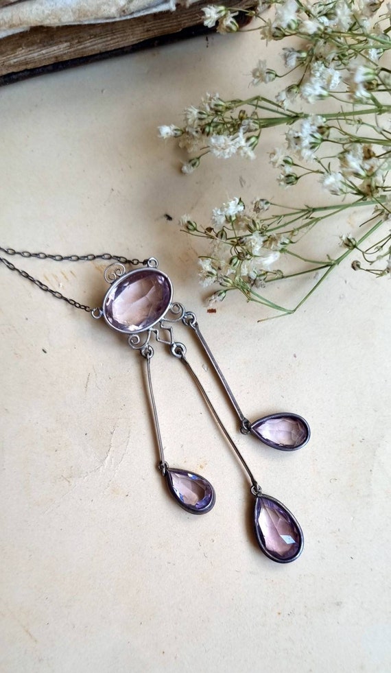 Antique natural amethyst! Edwardian silver neckla… - image 5