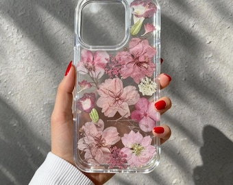 Real Pink Pressed Flower Phone Case for iPhone 17 16 15 14 13 12 11 pro max case, Samsung S23 S24 S25 Ultra, Google Pixel 7 8 9 pro XL case