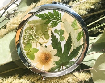 Fleur pressée à la main, miroir compact, cadeau de demoiselle d'honneur, vraie fleur, faveur de mariage, feuilles vertes, artisanat cosmétique, cadeau de Noël