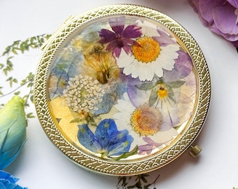 Handmade Pressed Flower Compact Mirror, Bridesmaid gift, Real Flower Wedding favor Crafts cosmetic, Christmas gift
