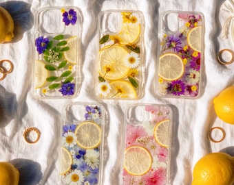 Echte gepresste Blumen Zitrone iPhone Hülle, Botanische Harz Abdeckung, Cottagecore Sommer Floral Handyhülle