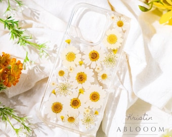 Pressed daisy flower phone case for iPhone se X XR 11 12 13 14 15 pro max case, Samsung A34 S21 S23 fe Ultra, Google Pixel 6 7 8 Pro case