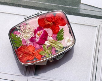 Pressed flowers pill case birth control pill box cute pill organize pill case 2 grid floral pillbox travel small purse pocket