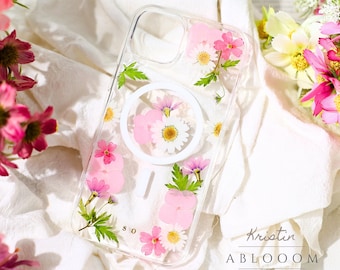 Pressed Flower MagSafe case iPhone 16 15 14 13 12 Pro Max case, Personalized Initial MagSafe Custom Name iPhone case, Custom Gift for Her