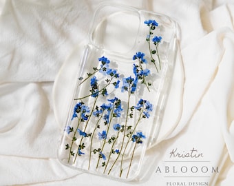 Forget me not Pressed flower phone case for iPhone 17 16 15 14 13 12 11 pro case, Samsung S23 S24 S25 Ultral, Google Pixel 6 7 8 9 Pro case