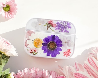 Handgjort Airpods 2 3 pro 2-skal med äkta pressade blommor, present till henne, present till mamma, AirPods-fodral, sött estetiskt Airpods-skal, julklapp