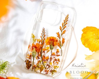 Marigold Pressed flower phone case iPhone 17 16 15 14 13 12 pro max X case, Samsung Galaxy S23 S24 Ultra case, Google Pixel 6 7 8 9 pro case