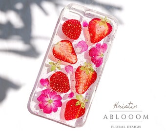 Pressed flower Strawberry phone case for iphone se 8 x xr 11 12 13 14 15 16 pro max case, Samsung S22 S23 fe Google Pixel 6 7 8 pro case