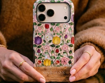 Personalized Printed Stained Glass flower iPhone Case – Custom Name Floral Cover MagSafe