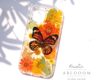 Butterfly pressed dried flowers Case for iPhone 7 8 X XR 11 12 13 14 15 pro max case, Samsung S20 S21 S22 fe and Google Pixel 6 7 8 Pro case