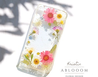 Coque de portable fleurs pressées pour iPhone X 11 12 13 mini 14 15 pro max, coque Samsung Galaxy S20 S21 S22 S23 fe, coque Google Pixel 6 7 8 pro