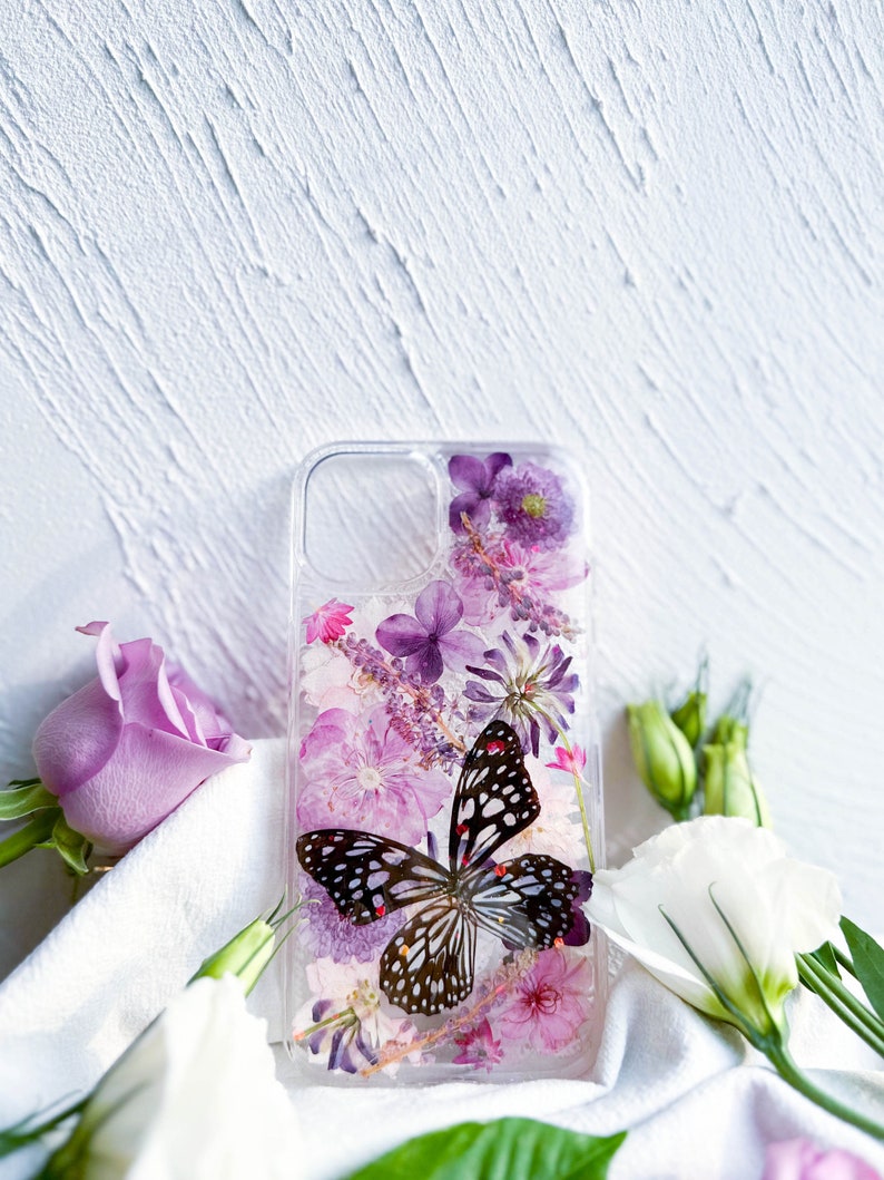 Coque de portable fleurs pressées avec papillon pour iPhone 7 8 X XR 11 12 13 14 15 pro max, Samsung S20 S21 S22 fe, coque Google Pixel 6 7 8 Pro image 6