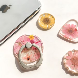 Handmade Pink Pressed dried flower Phone Ring Holder phone ring grip Mother&#39;s Day Gift Easter Gift for her