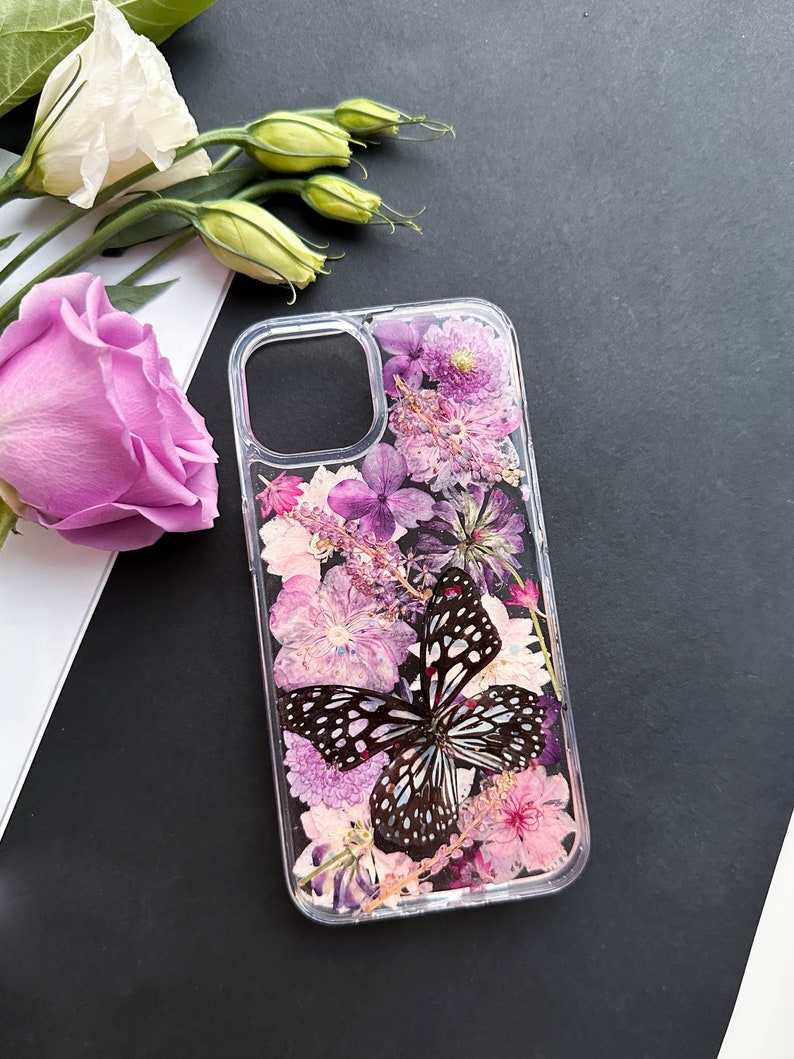Coque de portable fleurs pressées avec papillon pour iPhone 7 8 X XR 11 12 13 14 15 pro max, Samsung S20 S21 S22 fe, coque Google Pixel 6 7 8 Pro image 9