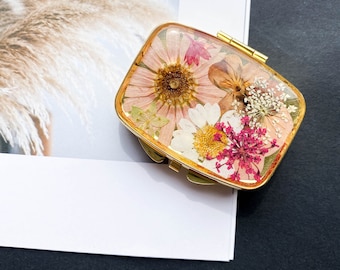 Pressed flowers pill case birth control pill box cute pill organize pill case 2 grid floral pillbox travel small purse pocket