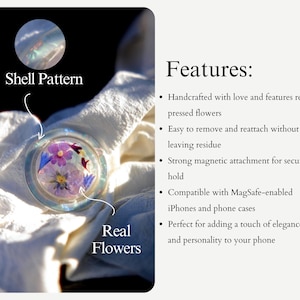 May include: A clear phone grip with a shell pattern and real pressed flowers in shades of purple, blue, and yellow. The grip is round and has a strong magnetic attachment. The text "Shell Pattern" and "Real Flowers" are visible.