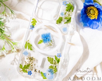 Pressed Flower phone case, iPhone 16 15 14 13 Pro Max case, Personalized Initial case. MagSafe case, Custom Name iPhone case, Gift for Her