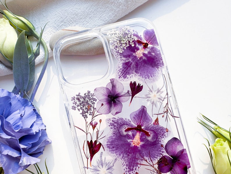 Purple Pressed flower phone case for iPhone 15 14 13 12 11 pro max X SE case, Samsung Galaxy S22 S23 Ultra case, Google Pixel 6 7 8 pro case image 3