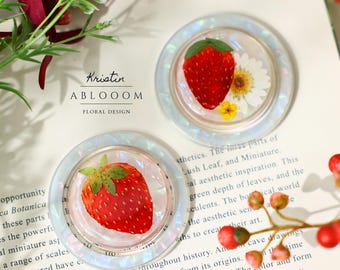 Real Strawberry Magnetic Phone Grip, Magsafe Flower Phone Grip, Daisy Flower Phone Grip, Floral Phone Holder, Strawberry Flower Phone Grip
