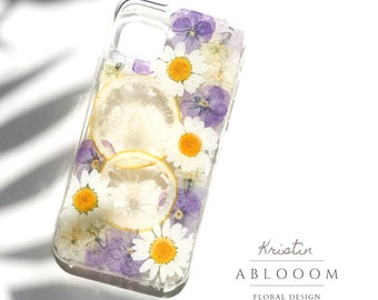 Pressed flower Lemon phone case for iPhone se x 11 12 13 14 15 16 pro max case, Samsung A72 S22 S23 24 fe case, Google pxiel 6 7 8 pro case