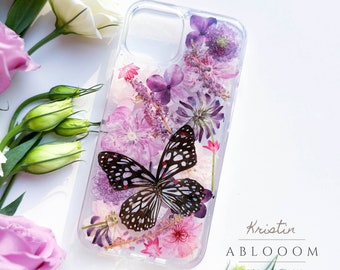 Coque de portable fleurs pressées avec papillon pour iPhone 7 8 X XR 11 12 13 14 15 pro max, Samsung S20 S21 S22 fe, coque Google Pixel 6 7 8 Pro