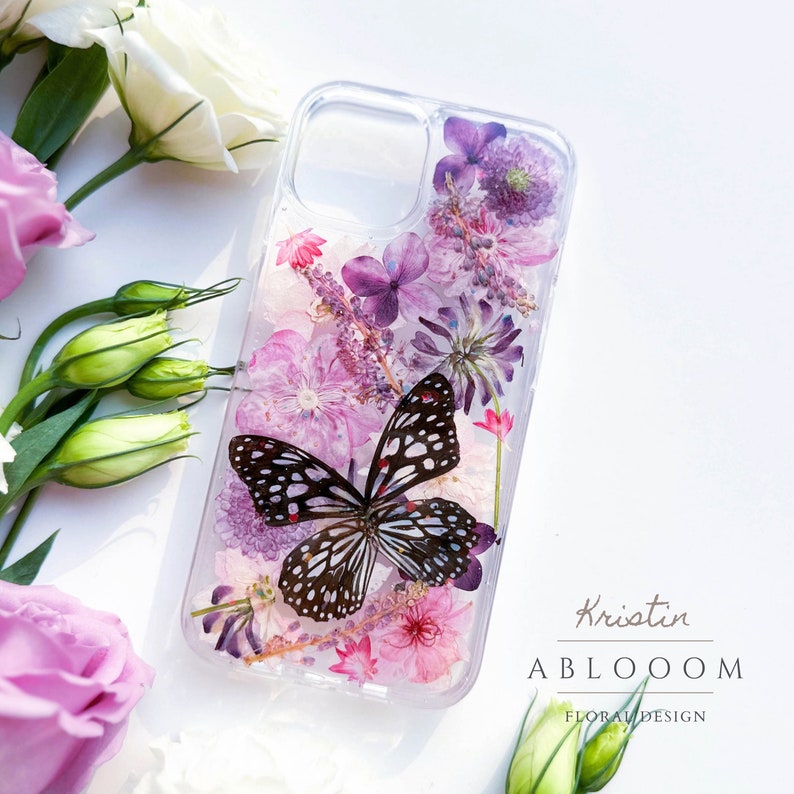 Coque de portable fleurs pressées avec papillon pour iPhone 7 8 X XR 11 12 13 14 15 pro max, Samsung S20 S21 S22 fe, coque Google Pixel 6 7 8 Pro image 1