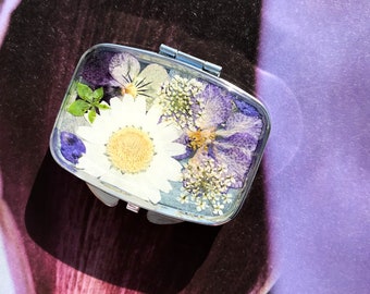 Purple Pressed Flowers Pill Case - Birth Control Pill Box - Cute & Organized 2-Grid Floral Pillbox for Travel, Small Purse, and Pocket
