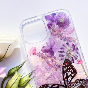 Coque de portable fleurs pressées avec papillon pour iPhone 7 8 X XR 11 12 13 14 15 pro max, Samsung S20 S21 S22 fe, coque Google Pixel 6 7 8 Pro image 3