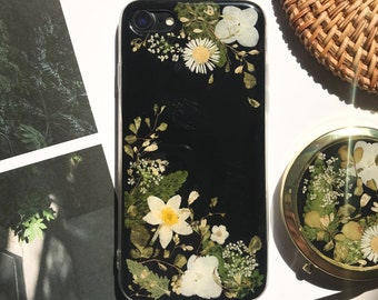 Handyhülle mit gepressten Blumen für iPhone 7 8 x 11 12 13 14 15 Pro Max Hülle, Samsung Galaxy A54 S22 S23 Ultra Hülle, Google Pixel 6 7 8 Pro Hülle