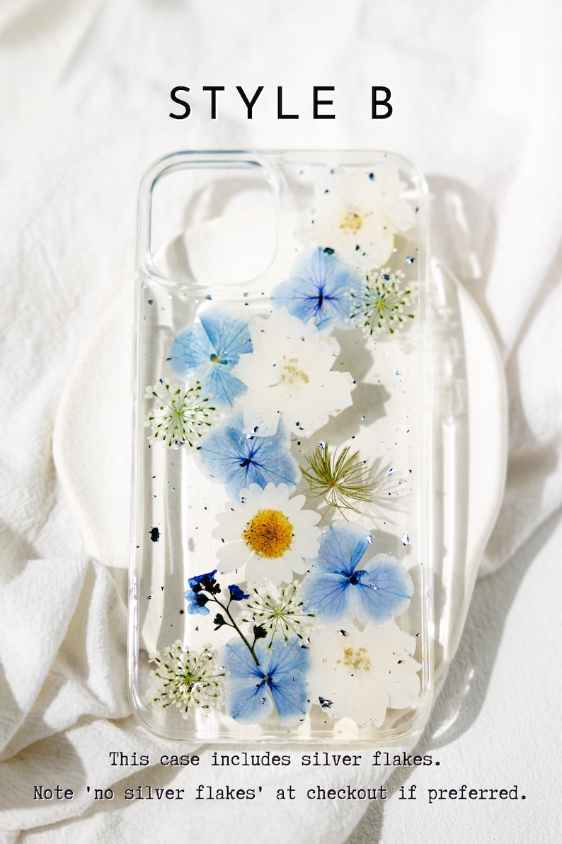 Handmade Pressed Flower for iPhone 15 14 13 12 11 Pro Max X SE phone case, Samsung Galaxy S22 S23 S24 Ultra case, Google Pixel 7 8 Pro case Style B
